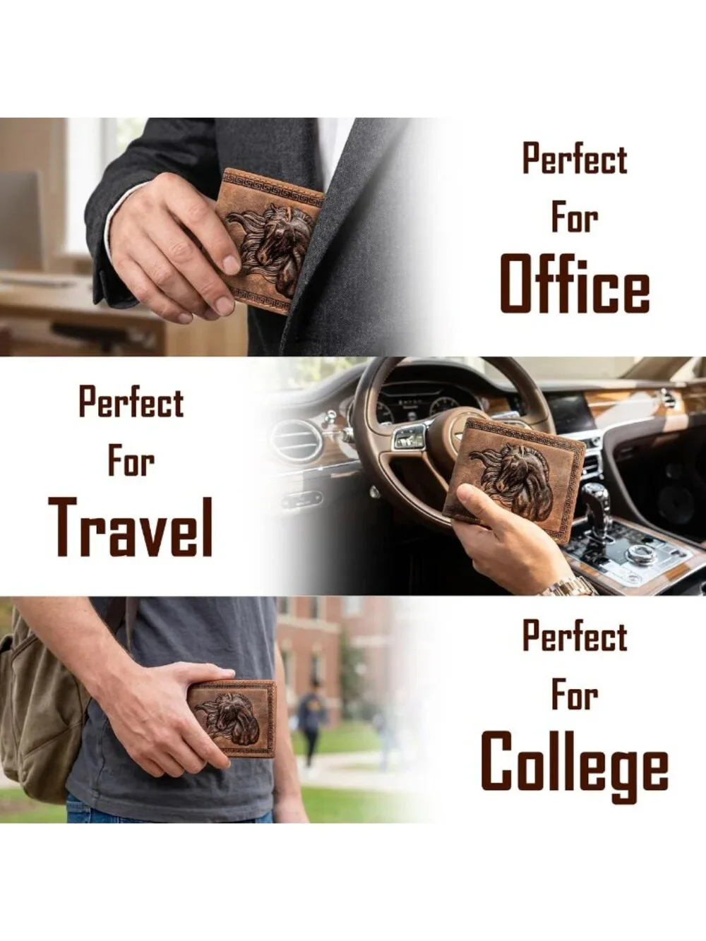 Men's Bifold Leather Wallet - 3D Horse Face Design, RFID Protection, 9 Card